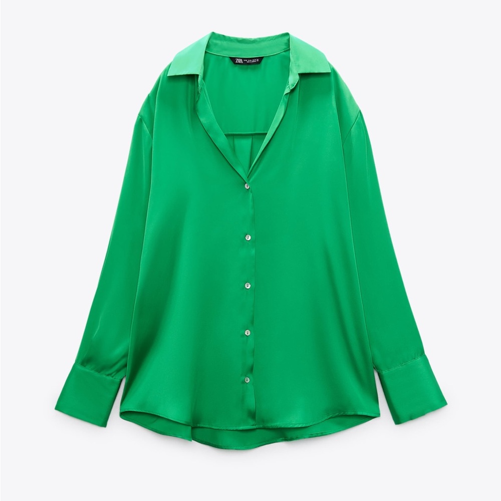 Zara Emerald Green Silk Button Up Blouse Shirt